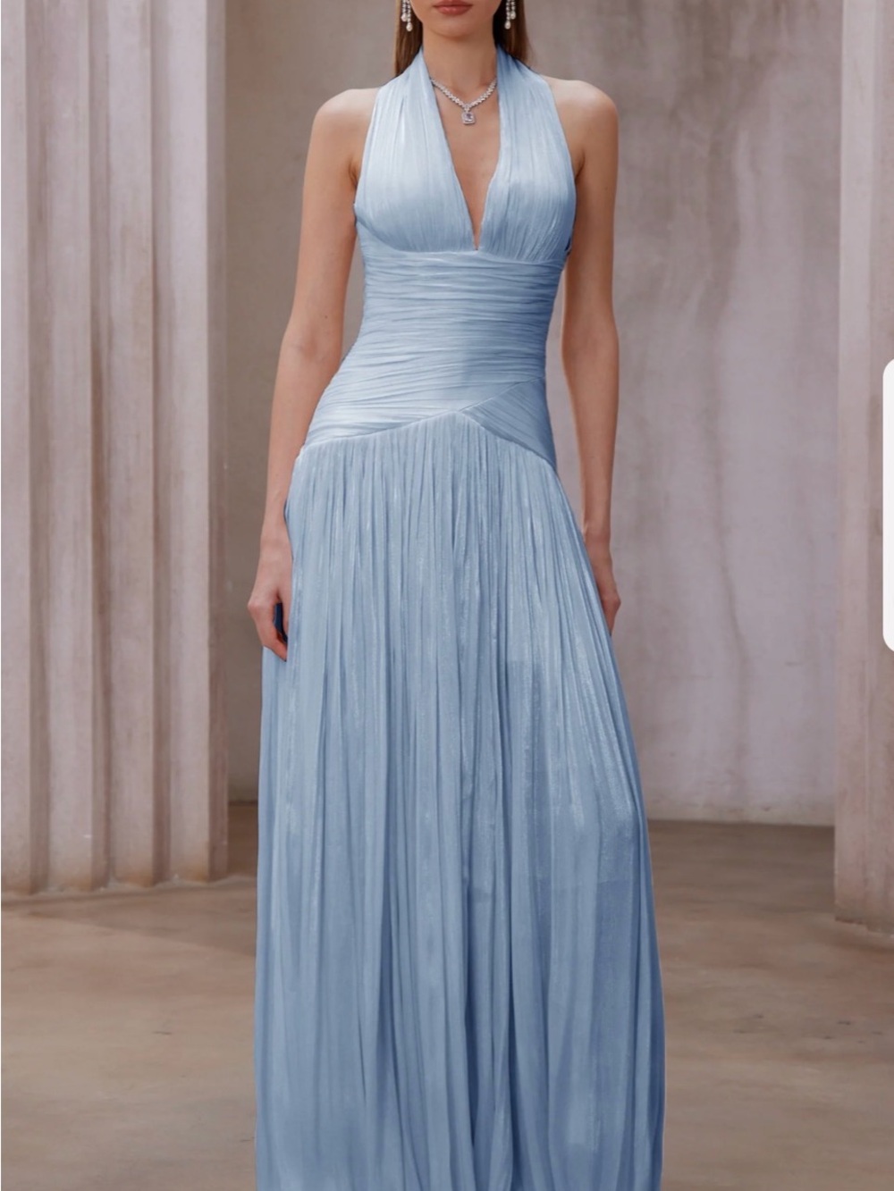 Halter-Neck Light Blue Maxi Dress